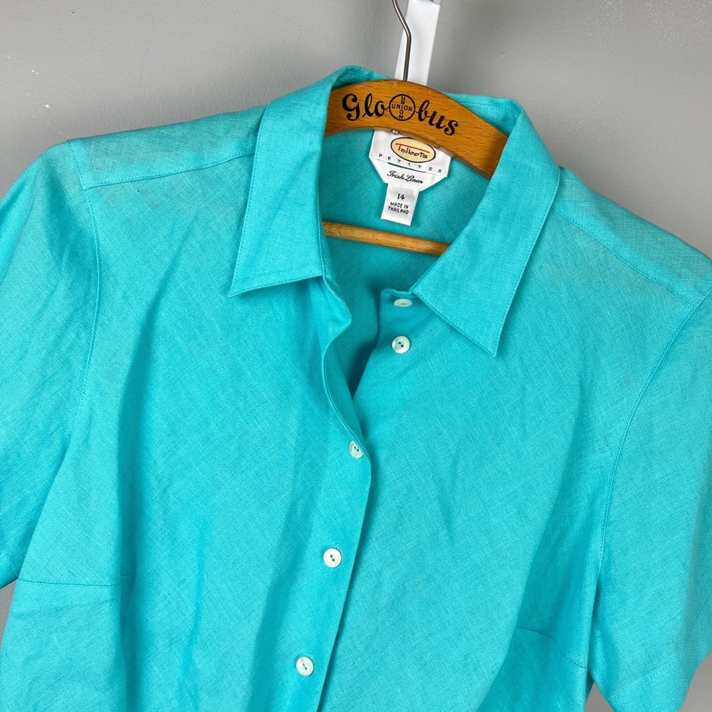 VTG Talbots Petites‎ Aqua Irish Linen Shirt Top Womens 14P Teal Aqua Button Up